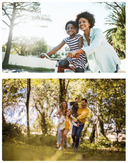 two images stacked, one with a girl riding a bike and the one below showing a family walking in the woods