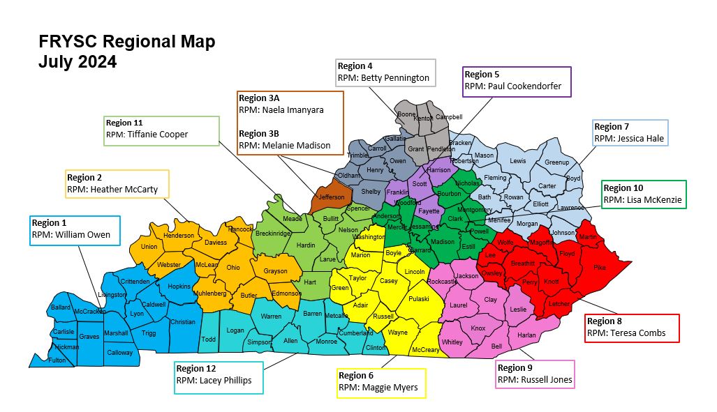 County map of Kentucky showing the  how state is divided into regions