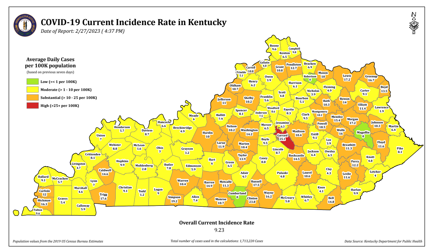 Kentucky county map showing which counties have the highest and lowest COVID-19 cases.