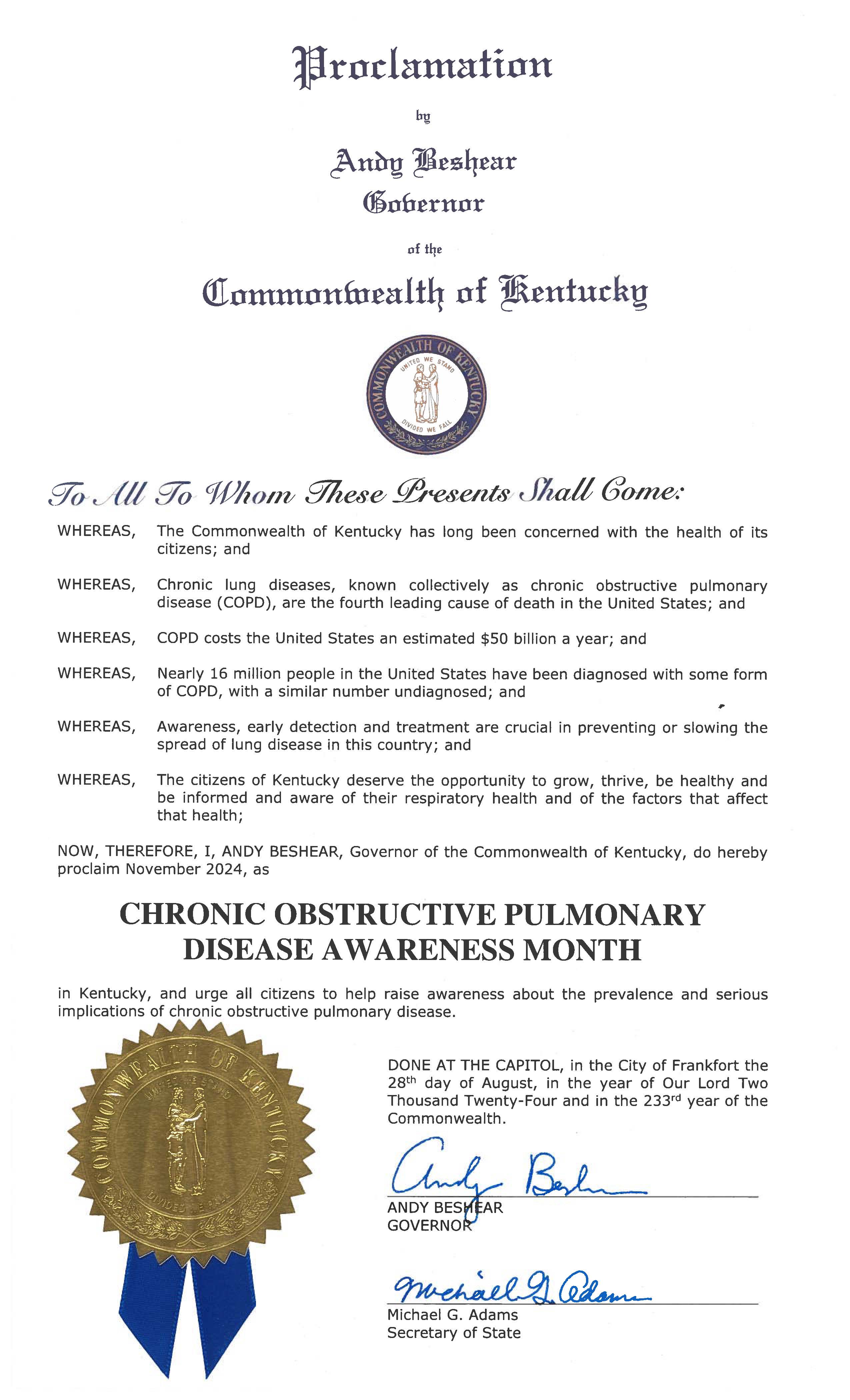 2024 Governor's Proclamation November COPD Awareness Month