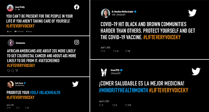 Five social media posts from different users with observations on minority healthcare including hashtag LiftEveryVoiceKY