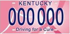 Photo of a pink Kentucky license plate with the motto Driving for a Cure.